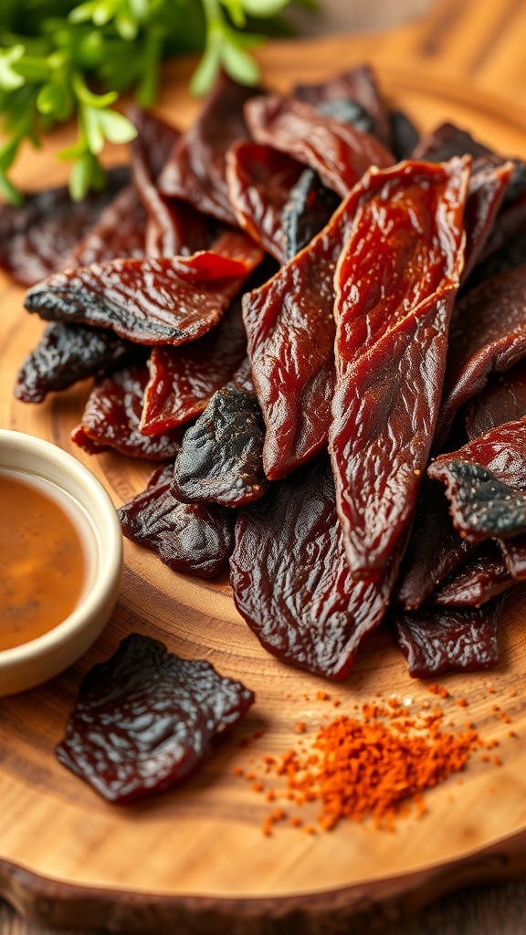 Zero Carb Beef Jerky Recipe Homemade beef jerky strips on a wooden board with spices and dipping sauce.